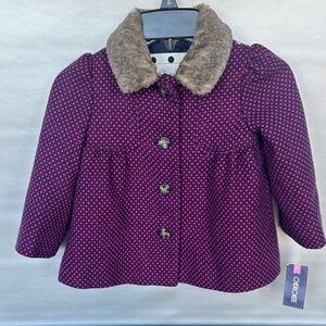 Cherokee girl's 2T pea coat faux fur collar navy pink tweed-like pattern lined